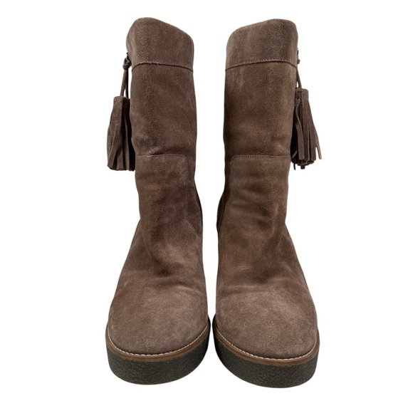 Aquatalia Size 8 Viola Weatherproof Suede Wedge Tassel Pull On Boots in Taupe - Picture 2 of 7